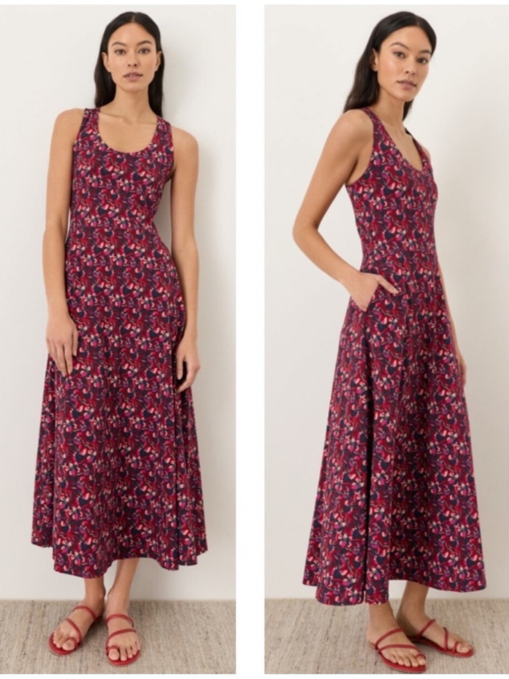 PACT Organic Fit & Flare Maxi Dress Open Back Paradise Petals Poppy Red XL